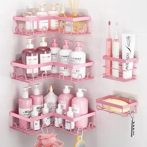 Liuoud Corner Shower Caddy 5 Pack, Rustproof Stainless Steel Shower Organizer with Soap Rack Toothbrush Holder, Large Capacity Adhesive No Drilling Bathroom Kitchen&Home Decor Set, Pink - Image 1