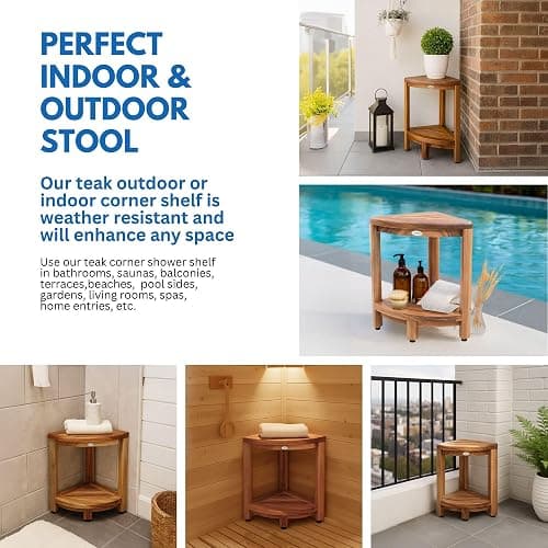 DecoTeak Teak Corner Shower Shelf – 2 Tier Waterproof Bathroom Storage Organizer Compact Wood Storage | Water-Resistant Design | Space Saver for Showers & Small Bathrooms | Shaving Foot Rest thumbnail 8