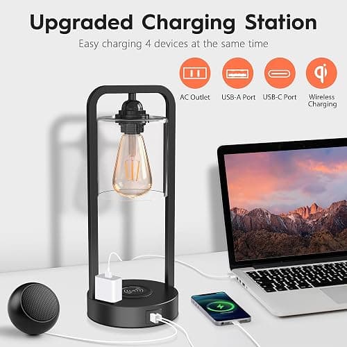 Wireless Charging Table Lamp for Bedroom Set of 2, Touch Control Dimmable with Type C USB Ports & AC Outlet Bedside Nightstand Lamp, Glass Shade Industrial Desk Lamp for Home Office, Bulbs Included thumbnail 3