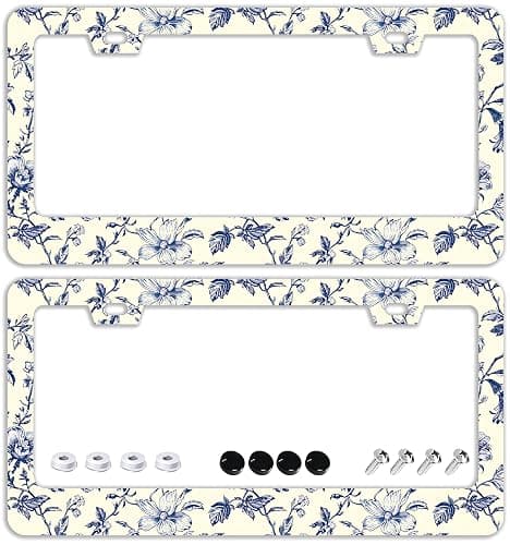 Blue Floral Flowers License Plate Frames - 2 Pcs Set 2 Holes Stainless Steel Metal Auto Car Accessories Decoration License Plate Frame Cover Size 6.3" x 12.2" Fit US Vehicles for Women Men Gift - Image 1