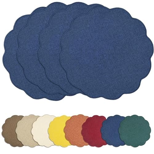 AHHFSMEI Round Faux Linen Placemats Set of 4 Waterproof Table Mats Heat Resistant Non-Slip and Stain Proof for Kitchen Dining Elegant Decor (Navy Blue,4) - Image 1
