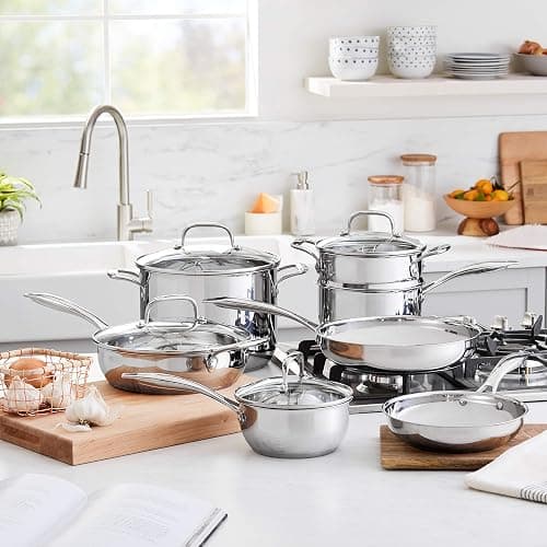 Amazon Basics Stainless Steel Cookware 11-Piece Set, Oven Safe, Induction-Ready, Even Heating, Non Toxic, Stay-Cool Handles, Pots and Pans, All Stovetops, Glass Lids, Silver thumbnail 2