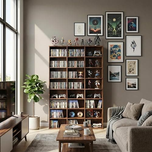 holzart 8-Tier Media Storage Cabinet, Tall Wooden CD DVD Rack Organizer, Freestanding Media Display Shelf Tower for Video Games, Movies, Books and Collectibles, 40" x 64", Rustic Brown Finish thumbnail 2