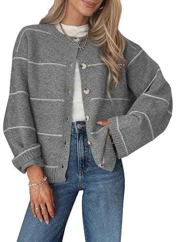 Balimtoy Striped Cardigan Sweaters for Women Trendy Long Sleeve Crewneck Button Up Sweater Fall Winter Outerwear - Image 1