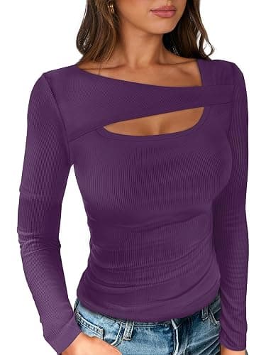 ANRABESS Womens Cutout Tops Trendy Sexy Long Sleeve Shirts Ribbed Slim Fit Tee 2025 Fall Fashion Going Out Tshirts Clothes - Image 1