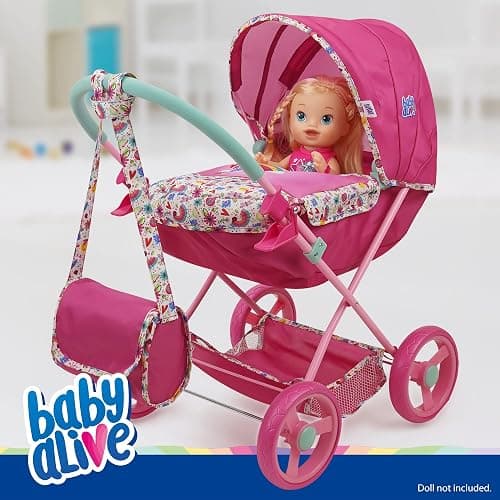 Baby Alive: Deluxe Classic Doll Pram - Pink & Rainbow - Includes Matching Handbag/Diaper Bag, Fits Dolls up to 18", Large Canopy, Storage Basket & Bassinet, Pretend Play for Kids Ages 3+ thumbnail 6