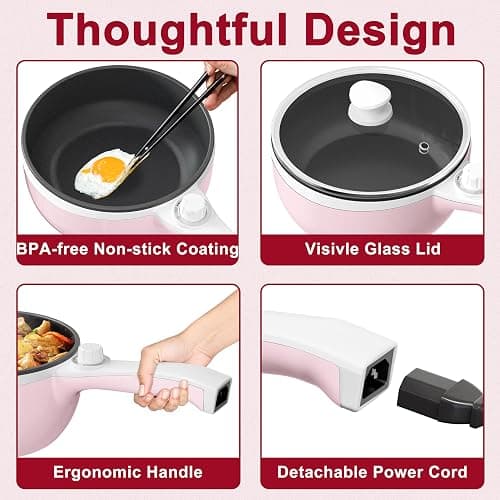 Dezin Hot Pot Electric Upgraded, Non-Stick Sauté Pan, Rapid Noodles Electric Pot, 1.5L Mini Portable Hot Pot for Steak, Egg, Fried Rice, Ramen, Oatmeal, Soup with Power Adjustment thumbnail 8