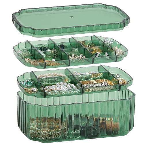 LETURE 3-Layer Jewelry Organizer Box for Earrings, Rings, Necklaces, Bracelets, Clear Plastic Bead Storage Containers for Crafts (Green) thumbnail 4