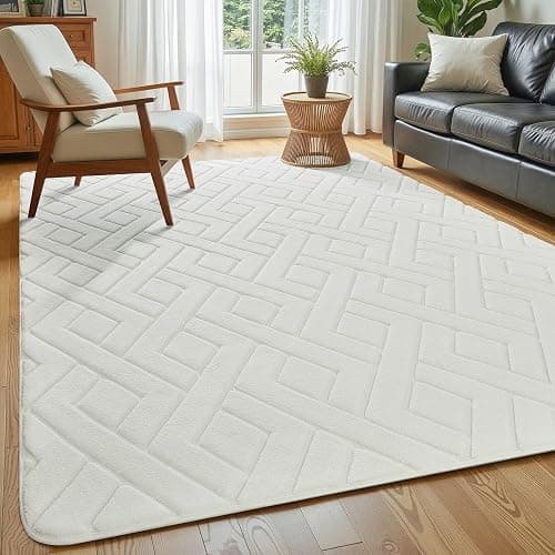 Macgace Ultra Soft Cream White Area Rug for Living Room, 5x7 Modern Geometric Shag Rugs with Nonslip Backing for Bedroom, Washable Fuzzy Carpet for Cozy Kids Girls Room Nursery - Image 1