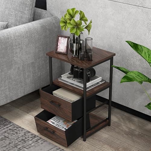 COSTWAY Nightstand with 2 Fabric Drawers, 3-Tier Bedside Sofa Side Table with Open Shelf, Metal Frame, Industrial End Table for Bedroom, Living Room, Dormitory, Walnut thumbnail 4