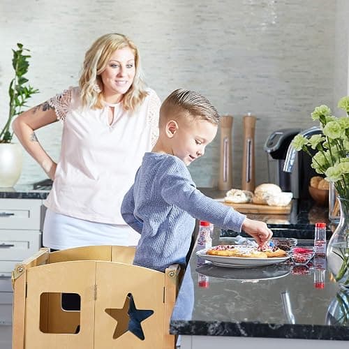 Guidecraft Classic Kitchen Helper® Toddler Tower and 2 Keepers - Natural: Folding Wooden Adjustable Height Platform, Kitchen Montessori Learning Step Stool, Chalkboard, Supports Up to 125lbs - Natural thumbnail 2