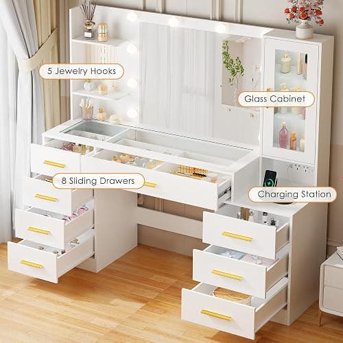 ANWBROAD Large Dressing Table with Mirror and Lights,White Makeup Vanity Desk with Glass Top and Power Outlet 8 Drawers 5 Hooks Nightstand Vanity Table for Bedroom Women Girls YBDT88W thumbnail 3