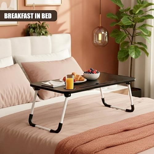 GEEZY Foldable Laptop Table with Drawer - MDF Wood Desk with Cup Holder, Tablet Slot, Anti-Slip Legs - Portable Laptop Desk Tray for Sofa, Bed, Work, Gaming, Eating, TV, Studying, Drawing and Crafts thumbnail 6