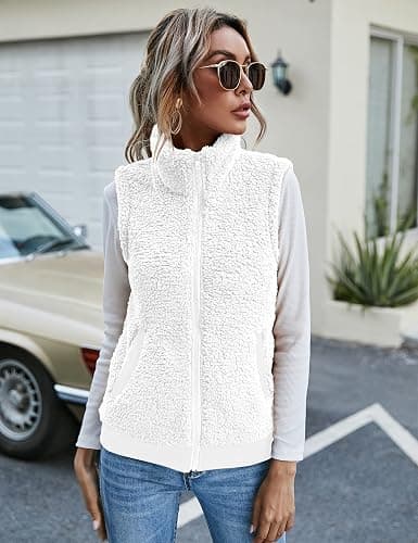 LOMON Womens Fuzzy Fleece Vest, Casual Warm Sleeveless Zip Up Sherpa Vest Jacket with Pockets for Fall/Winter thumbnail 3