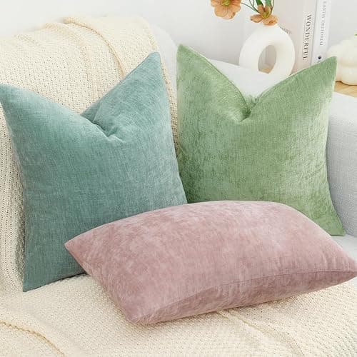 decorUhome Chenille Sage Green Summer Throw Pillow Covers 20x20 Inch Set of 2, Decorative Soft Couch Pillow Covers Solid Dyed Accent Farmhouse Neutral Square Pillow Cases for Sofa thumbnail 7