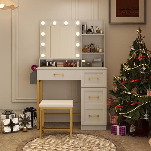 BONITURE Vanity Desk with Mirror, LED Lights and Power Outlet Makeup Vanity Table Set, Makeup Table with Stool 2 Drawers, 3 Color Modes Available for Bedroom,White+Gold thumbnail 3