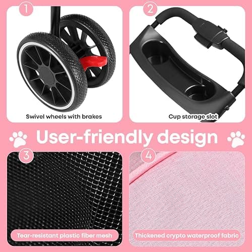 Pet Stroller,Dog Stroller for Small Medium Dogs Cats,3 Wheels,Pink | Foldable,with Breathable Mesh Canopy,Cup Holders,Easy Assembly thumbnail 5