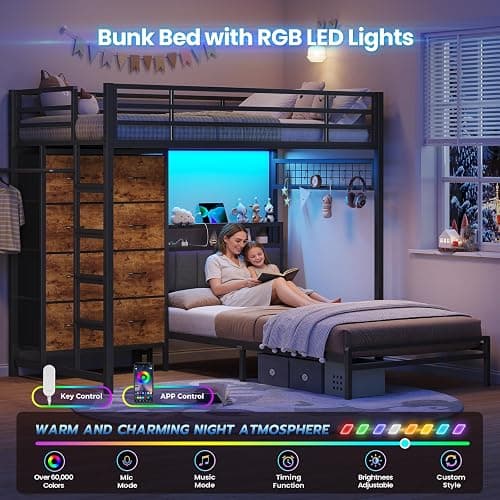 DICTAC Twin Over Twin Bunk Bed with 8 Storage Drawers and Led Lights Metal Bunk Beds with Storage Headboard and Charging Station,L-Shaped bunk Bed for Kids/Teen with Safety Guardrail and Ladder,Black thumbnail 4