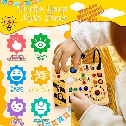 RichBoy Montessori Toy Busy Board for 1-3 Year Old Toddlers, 37-in-1 Sensory Toy with 24 LED Lights, Educational Travel Toy for Airplane Car Rides, First Birthday for Boys Girls (6.7" x 5.3") thumbnail 3