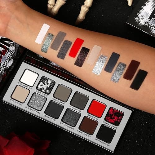 Black Gray Red Goth Makeup Palette, High Pigmented Grey Silver Brown Matte Shimmer Smokey Eyeshadow Palette, 12 Color Long Last Dark Emo Grunge Vampire Eye Shadow for Daily & Halloween Clown,Blendable thumbnail 5