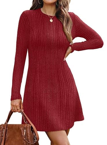 OFEEFAN Fall Dresses for Women 2025 Long Sleeve Crew Neck Sweater Dress - Image 1