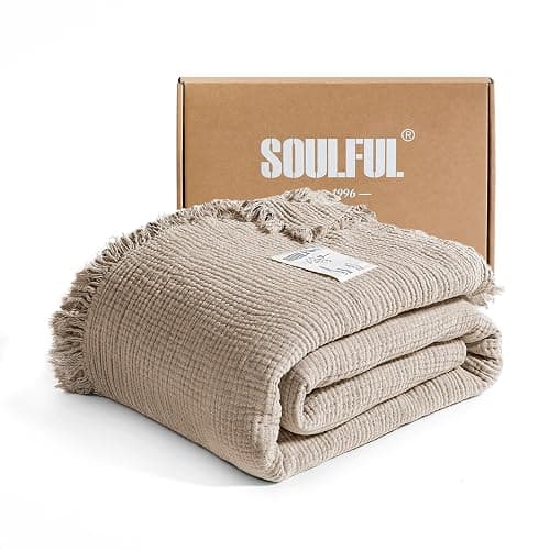SOULFUL Muslin Throw Blanket with Tassels - Soft King Size Cotton Throw Blanket for Couch or Bed, Lightweight and Breathable Gauze for All Seasons, Light Tan, 108" x 90" - Image 1