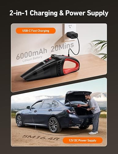 AstroAI Handheld Car Vacuum Cordless with Accessories, Portable Vacuum Cleaner with 12V DC Power, LED Light, Brush, Extended Suction Pipe, Hose, Mini Handheld for Car, Home, Office, and Pet Hair, Red thumbnail 4