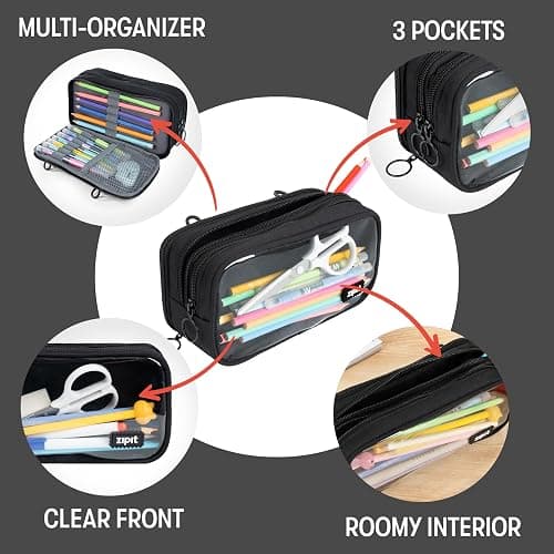 ZIPIT Half & Half Pencil Case, 3-Compartment Aesthetic Zipper Pouch, Black | Clear-front pencil case for school, dedicated organizer panels, holds up to 70 pens & pencils, durable easy-care polyester thumbnail 4