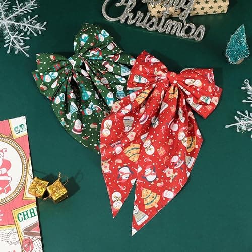 OAOLEER 2PCS Christmas Hair Bows for Women 8 Inch Red Green Satin Layered Hair Clips with Santa Claus and Christmas Tree Pattern Xmas Long Tail French Style Hair Accessories for Girls thumbnail 6