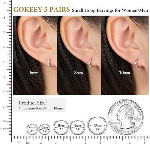 Gokeey Small Gold Silver Hoop Earrings for Women Men,Hypoallergenic 316L Surgical Stainless Steel Earrings for Sensitive Ears,Cute Cartilage Helix Conch Rook Tiny Huggie Hoops Earring Set for Multiple Piercing Jewelry Gift thumbnail 3
