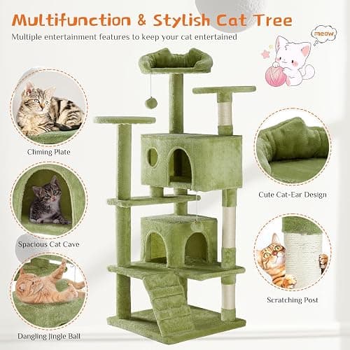 Sweetcrispy 54 Inch Cat Tree Tower, Multi-Level with Cat Scratching Post, Indoor Cat Condo with Climbing Ladder, Plush Toy, Play House for Cat, Green thumbnail 3
