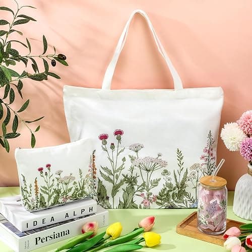 FoldTier 3 Pcs Plant Lover Gifts Spring Aesthetic Valentines Gifts for Women Mom Grandma, Floral Canvas Tote Bag, 16 oz Coffee Cup with Straw Lid, Makeup Bag for Baby Shower, Wedding(White,Flower) thumbnail 2