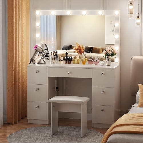 VOWNER Vanity with Lighted Mirror - Makeup Vanity Desk with Power Outlet and 7 Drawers, 3 Color Lighting Modes Adjustable Brightness, 44" Vanity Table with Soft Cushioned Stool for Women Girls, White thumbnail 6