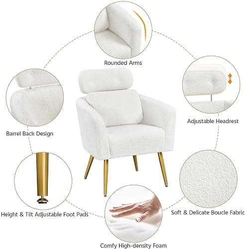 Yaheetech Tub Chair, Cozy Living Room Chair with Adjustable Headrest, Boucle Armchair with Lumbar Pillow and Golden Legs, Modern Accent Chair for Bedroom Lounge Waiting Room Office, White - White - 1 thumbnail 6
