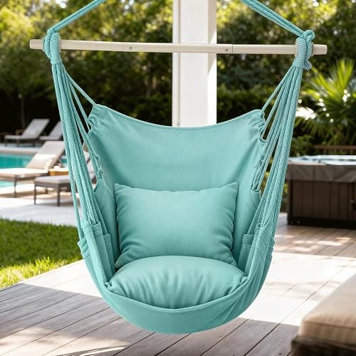 MoNiBloom Hammock Chair Hanging Rope Swing w/2 Cushions, Boho Macrame Hanging Chair Max 350 lbs Capacity w Pocket, Hardware Kit Included, Green thumbnail 2