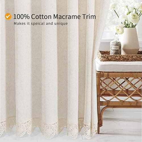 Gibelle Boho Farmhouse Shower Curtain Set, Linen Cotton Fabric Shower Curtain with Macrame Lace Decor, Modern Bohemian French Country Chic Bathroom Curtain with PEVA Liner 72x72 - Beige/Cream thumbnail 6