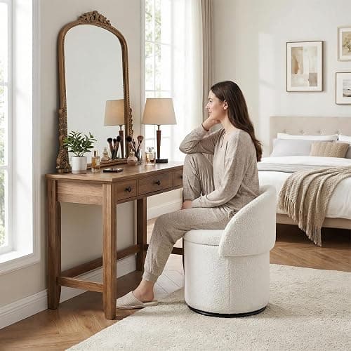 LukeAlon Sherpa Makeup Ottoman with Storage, Upholstered 360° Swivel Vanity Stool with Foldable Backrest Modern Cylindrical Footrest Stool for Living Room Bedroom, White thumbnail 7