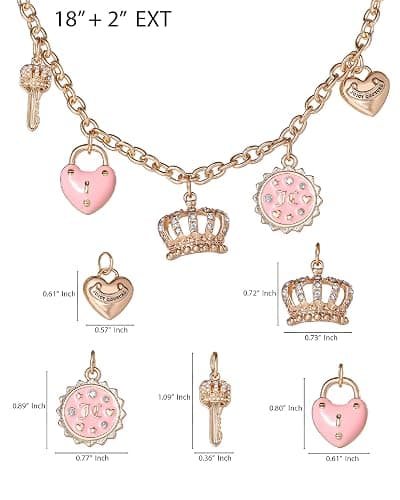 Juicy Couture Charm Necklace for Women, 16-18"+2" Gold-Tone Necklace Juicy Logo Charms with Pink Enamel and Clear Crystals thumbnail 4