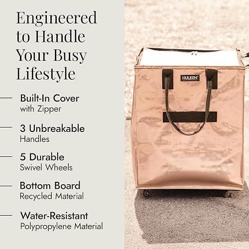 (Large, Rose Gold) Reusable Grocery Bag On Wheels, Shopping Trolley, Rolling Tote, Zipper Closure, Lightweight, Carries Up to 66 lb, Folds Flat, Unbreakable Handles thumbnail 3