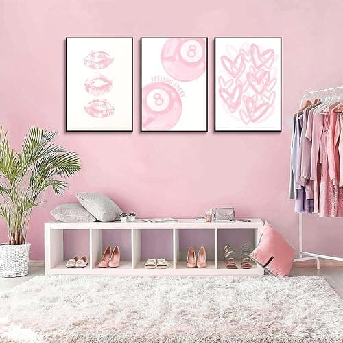 3Pcs Trendy Pink Preppy Canvas Wall Art Light Pink Cute Girly Lips Lucky 8 Ball Hearts Paintings Pictures Wall Decor Coquette Poster Printing Artwork for College Dorm Room Bedroom Home Decoration thumbnail 4