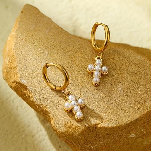 Pearl Cross Earrings for Women Dainty Gold Huggie Hoop Cross Drop Earrings Gold Statement Jewelry Accessories for Party Holiday Outfits Birthday Gifts Trendy Jewelry Gifts thumbnail 5