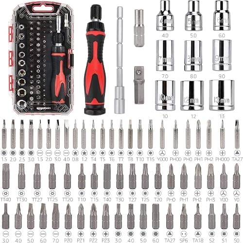 Amazon Basics Magnetic Ratcheting Wrench and Electronics Precision Screwdriver Tool Set, 73-Piece, with Carry Case for Household Repair, Small Jobs, Eyeglasses, Black/Red/Silver - Image 1