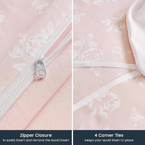 Wake In Cloud - Coquette Duvet Cover Set, Floral Cottagecore Flower Shabby Chic Cute Aesthetic, Soft Lightweight Bedding for Women Teen Girls, 3-Piece, Light Pink, Queen Size thumbnail 7