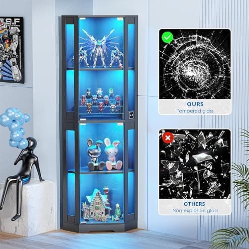 BROTTAR 65" Corner Glass Display Cabinet with LED Lights, 4-Tier Showcase Display Case with Glass Doors & Human Body Sensor for Collectibles, Liquor, Black thumbnail 7