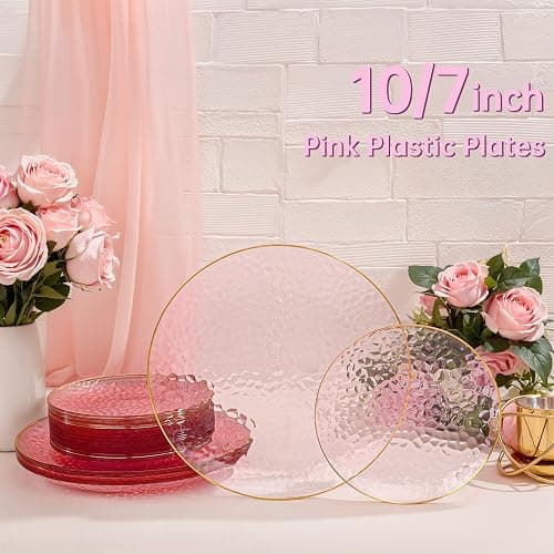SUT 36Pcs Pink Plastic Plates, Hammered Plates Disposable Heavy Duty, Pink Disposable Plates With Gold Rim, Fancy Plastic plates Include 18 Dinner and 18 Dessert plates for Valentine's Day thumbnail 3