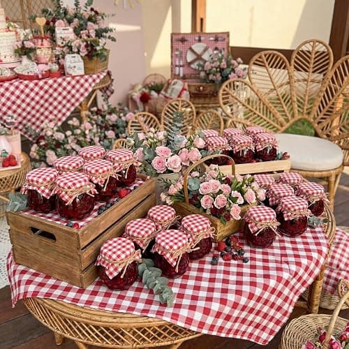 LemonRoad 30 Mini Yogurt Jars 3.4 oz Glass Bottles with Plastic Lids for Jam, Honey, Wedding Favors, Birthday Party Decor Mason Jar with Checkered Cloth and Rope (Circle,Red,White) thumbnail 2