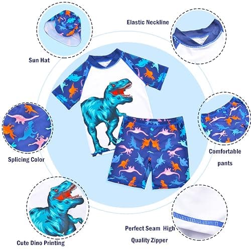 Boys Two Piece Rash Guard Swimsuits Kids Short Sleeve Swimwear Sets Bathing Suit with Sun Hat for 2-6 Years thumbnail 3