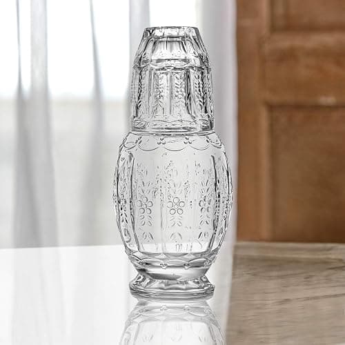 Elle Décor Vintage Bedside Water Carafe with Tumbler – Elegant Pitcher and Matching Drinking Glass Doubles As Lid For Guest Room, Office, or as a Gift, 4.7x10.4, Clear | Bedside, Elegant Pitcher, Matching Drinking Glass, For Guest Room, Office, as a Gift, 4.7x10.4, Clear thumbnail 2