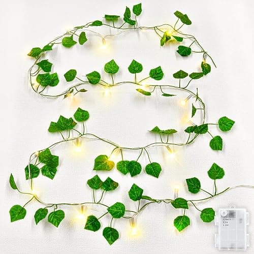 Dalugo Ivy Battery Fairy Lights, 2M 20LED Warm White Battery Operated Vine Fairy Lights with 6h Timer, IP65 Waterproof Artificial Ivy Leaf Garland with String Lights for Garden,Wedding,Home Wall Decor - Image 1