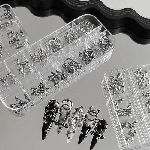 60PCS Piercing Nail Art Charms 3D Silver Alloy Goth Punk Nail Decorations Silver Gray Cone Spikes Metal Rings Alloy Rivets Jewelry for Women Goth Manicure Charm Accessories DIY Crafts Decorations thumbnail 4